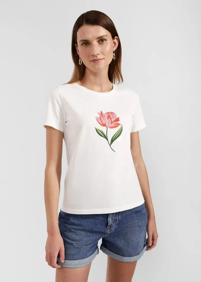 Women Tops Hobbs Pixie Cotton Embroidered TShirt Ivory Pink