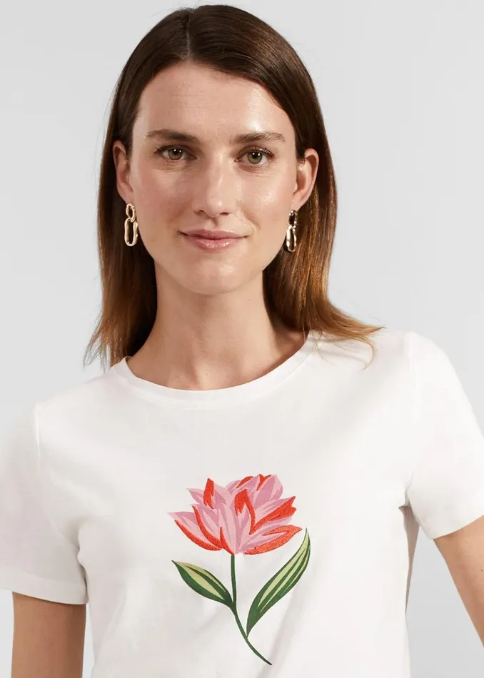 Women Tops Hobbs Pixie Cotton Embroidered TShirt Ivory Pink