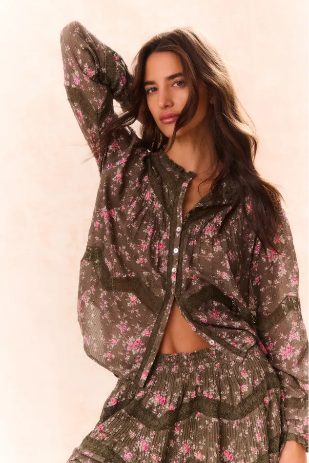 Women Tops LoveShackFancy Ravelle Floral Button Down Top Bancha Green