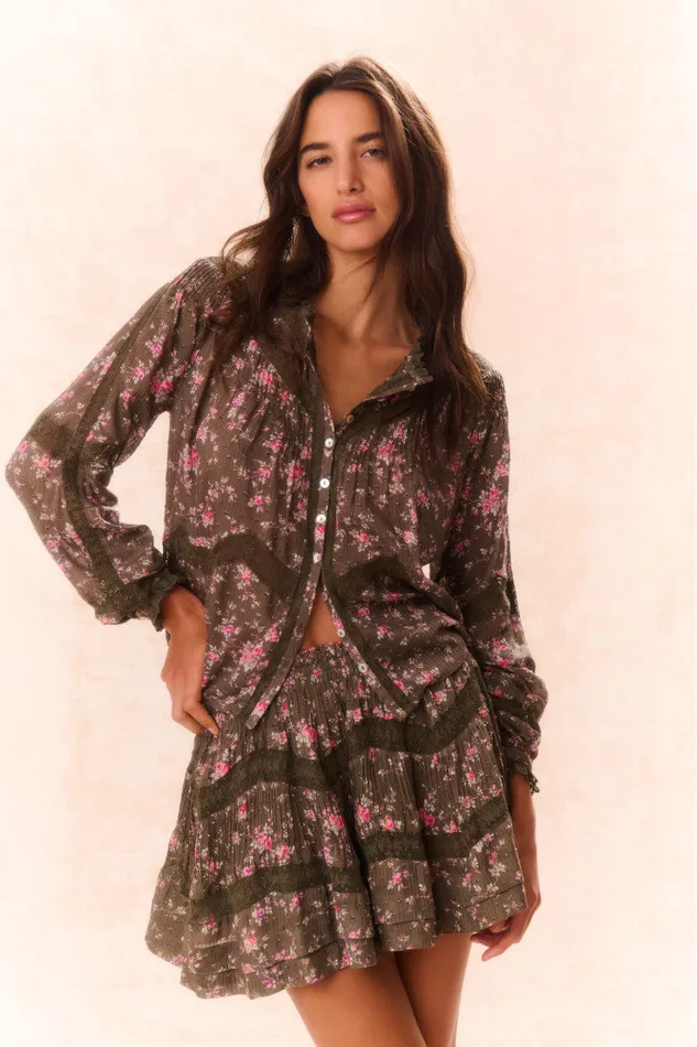 Women Tops LoveShackFancy Ravelle Floral Button Down Top Bancha Green