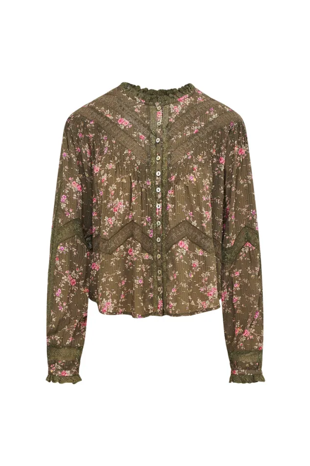 Women Tops LoveShackFancy Ravelle Floral Button Down Top Bancha Green