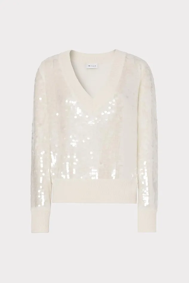 Women Tops Milly Ilaria Sequin VNeck Sweater Ecru