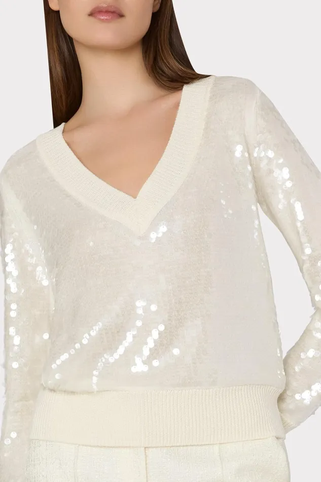 Women Tops Milly Ilaria Sequin VNeck Sweater Ecru Women Tops Milly Ilaria Sequin VNeck Sweater Ecru