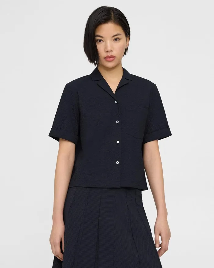 Women Tops Theory Camp Shirt In Seersucker Nocturne Navy