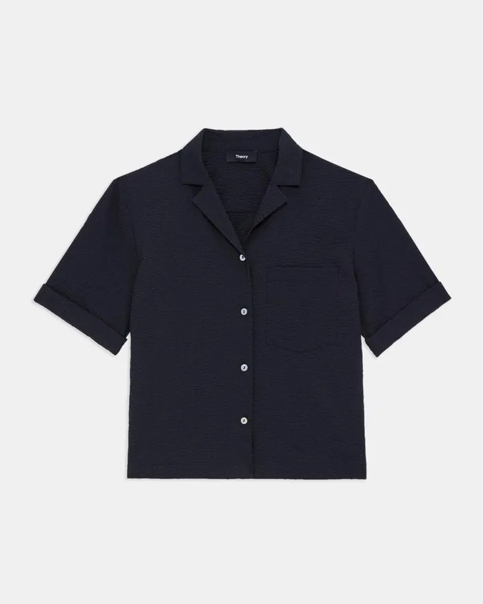 Women Tops Theory Camp Shirt In Seersucker Nocturne Navy
