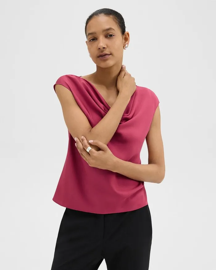 Women Tops Theory Cowl Neck Top In Silk Georgette Deep Rose