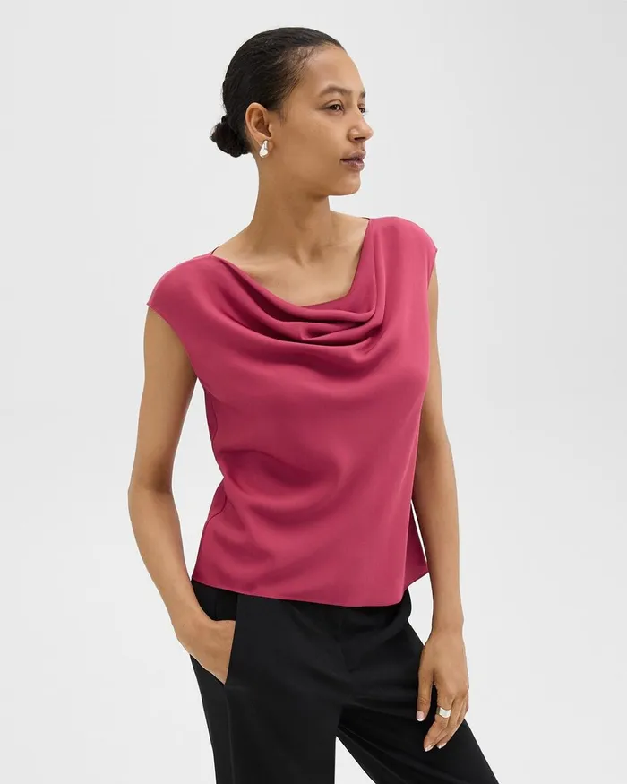 Women Tops Theory Cowl Neck Top In Silk Georgette Deep Rose