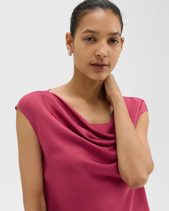 Women Tops Theory Cowl Neck Top In Silk Georgette Deep Rose