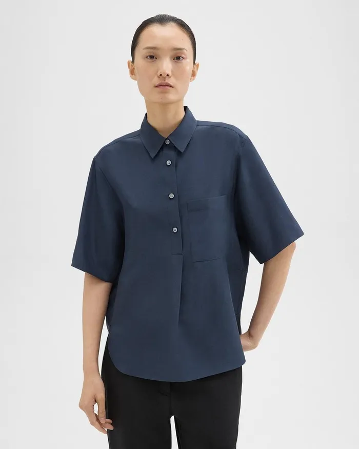 Women Tops Theory ShortSleeve Silk Popover Shirt Eclipse
