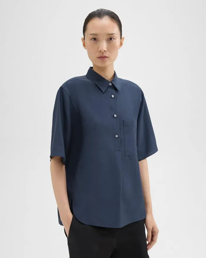 Women Tops Theory ShortSleeve Silk Popover Shirt Eclipse