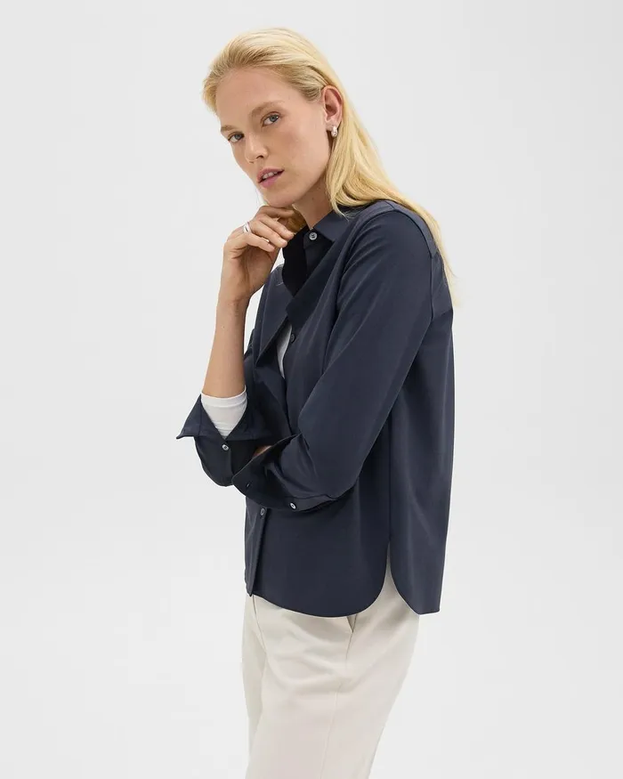 Women Tops Theory Straight Shirt In Good Wool Nocturne Navy