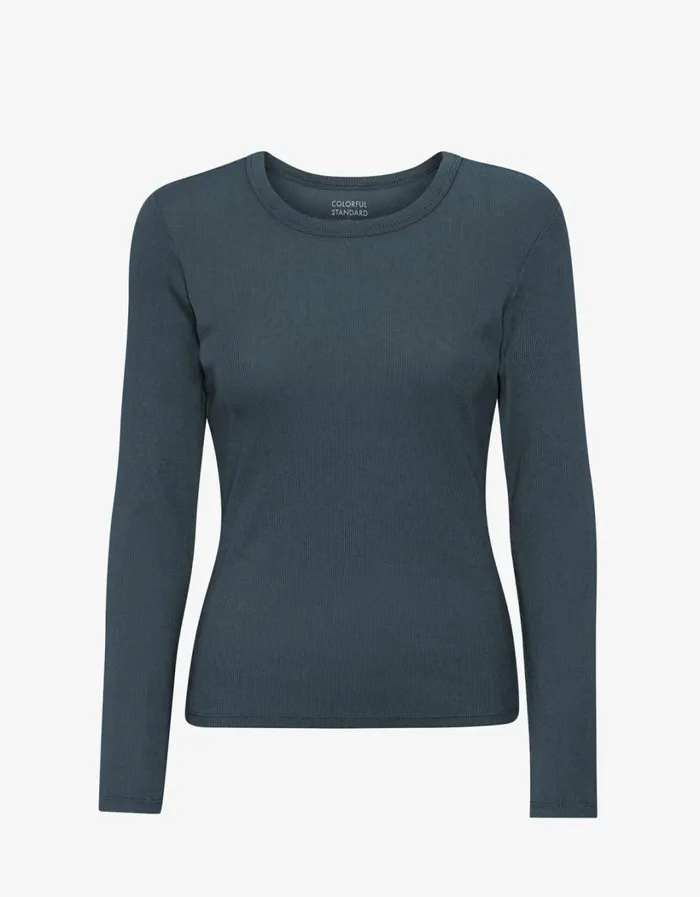 Women Women Organic Rib LS TShirt Petrol Blue Colorful Standard TShirts