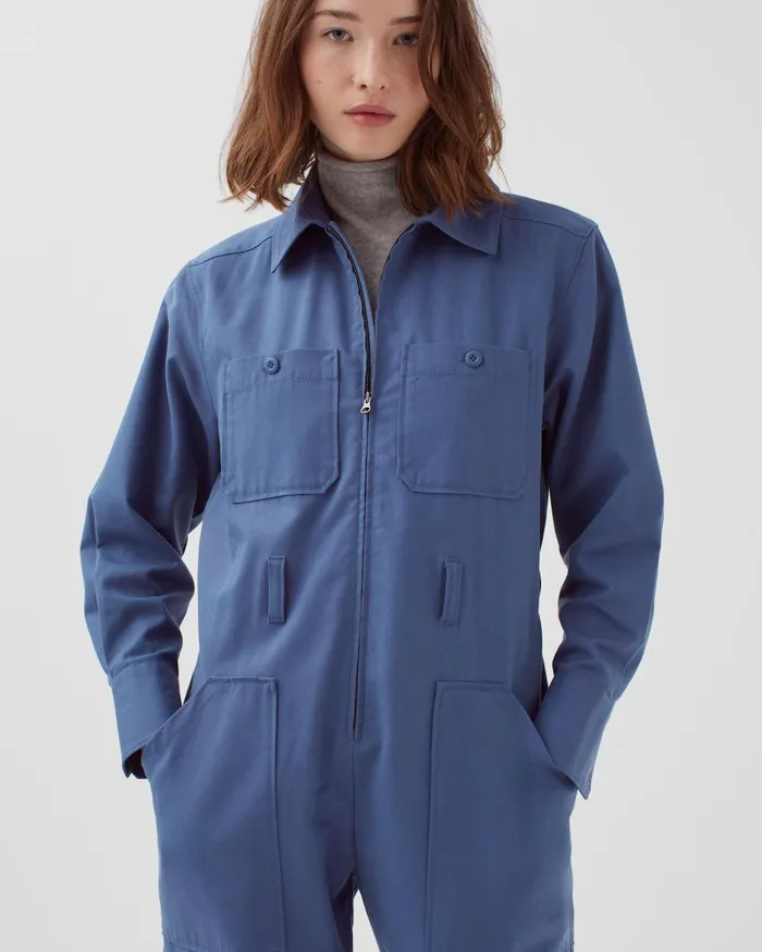 Women ZipUp Cargo Jumpsuit Gray Blue Comptoir Des Cotonniers Dresses and Jumpsuits