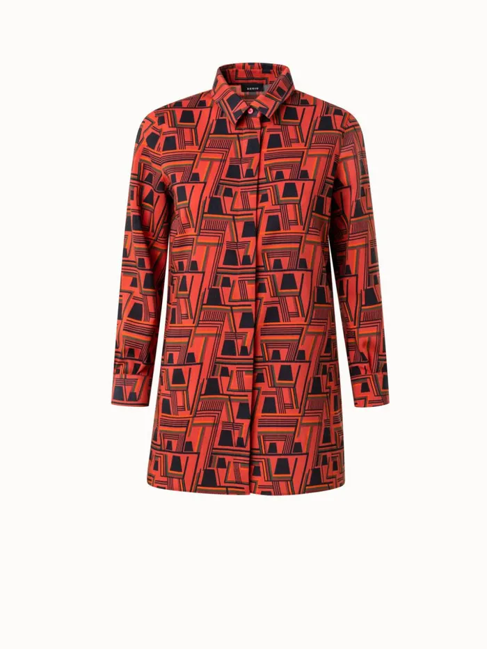 Wool Crpe Tunic Blouse With Zig Zag Trapezoid Print Rustic Redmulticolor Women Akris Blouses Wool Crpe Tunic Blouse With Zig Zag Trapezoid Print Rustic Redmulticolor Women Akris Blouses