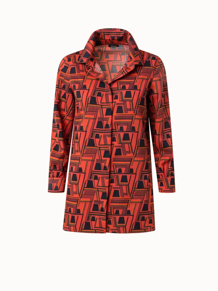 Wool Crpe Tunic Blouse With Zig Zag Trapezoid Print Rustic Redmulticolor Women Akris Blouses