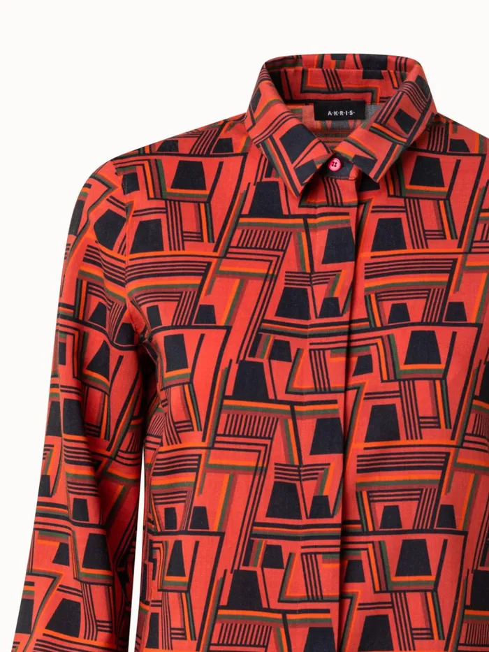 Wool Crpe Tunic Blouse With Zig Zag Trapezoid Print Rustic Redmulticolor Women Akris Blouses