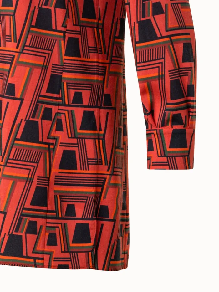Wool Crpe Tunic Blouse With Zig Zag Trapezoid Print Rustic Redmulticolor Women Akris Blouses
