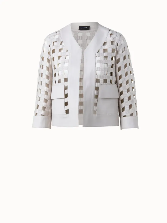 Wool Open Grid Embroidery Leather Trim Jacket Bl Women Akris Jackets