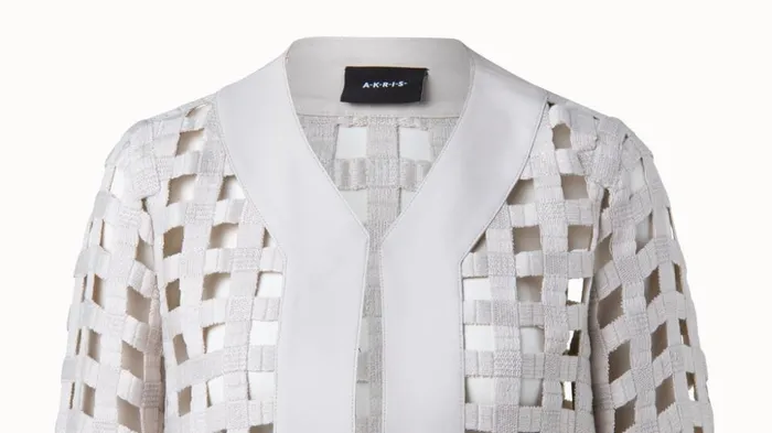 Wool Open Grid Embroidery Leather Trim Jacket Bl Women Akris Jackets