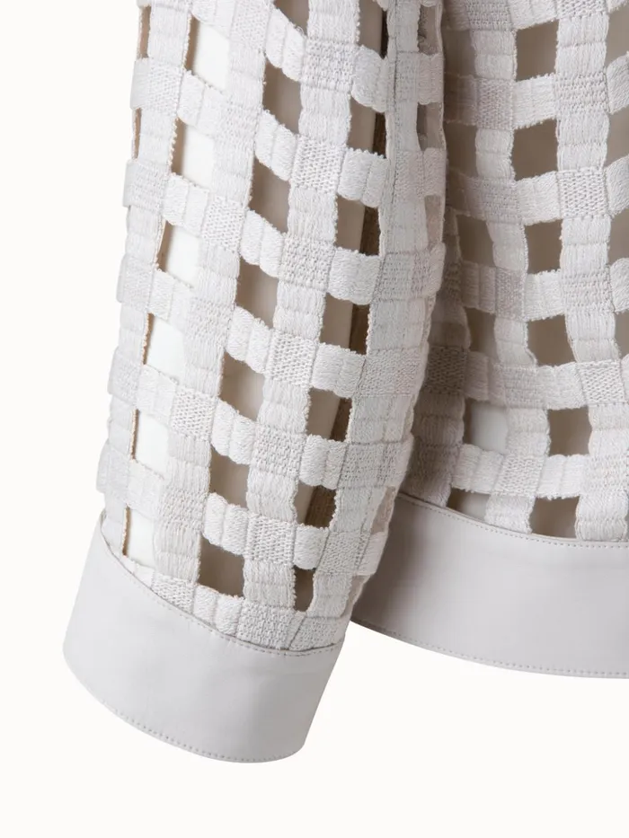 Wool Open Grid Embroidery Leather Trim Jacket Bl Women Akris Jackets