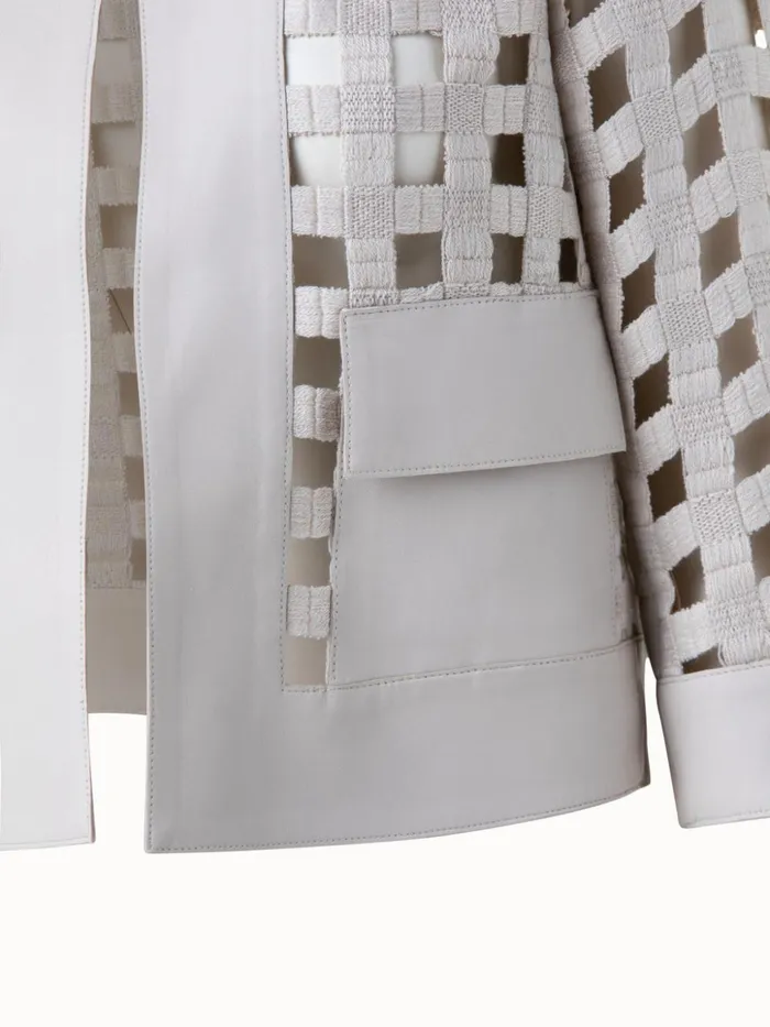 Wool Open Grid Embroidery Leather Trim Jacket Bl Women Akris Jackets